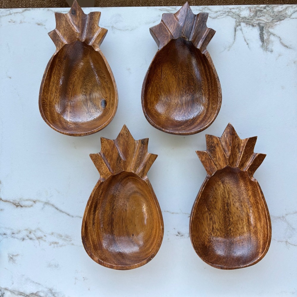 Vintage Monkey Pod Pineapple Shape Wood Trinket Snack Bowls Hawaii Set of 4 MCM